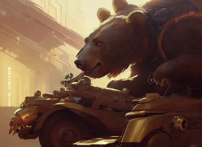 Image similar to a bear with a giant proton cannon in the back, elegant, technology, highly detailed, digital painting, artstation, concept art, smooth, sharp focus, illustration, art by krenz cushart and artem demura and alphonse mucha