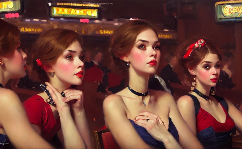 Prompt: portrait of several girls at a casino, highkey, realistic, serov, surikov, vasnetsov, repin, kramskoi, ultra realistic, depth of field insanely detailed, charlie bowater, tom bagshaw, norman rockwell, octane rendered, unreal engine, trending on artstation, 8 k