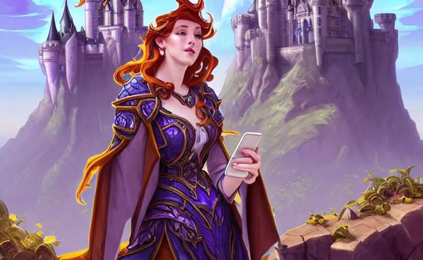 Image similar to bored woman checking her phone with amazing landscape with castle in background, fantasy, whimsical, dungeons and dragons, league of legends splash art, heroes of the storm splash art, hearthstone splash art, world of warcraft splash art, overwatch splash art, art by artgerm, art by alphonse mucha, intricately detailed, highly detailed, trending on artstation,