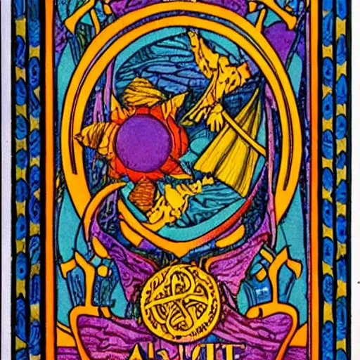 Image similar to Arcane Tarot, frame intricated, vivid colors, detailed decorative flourishes, symmetrical centered