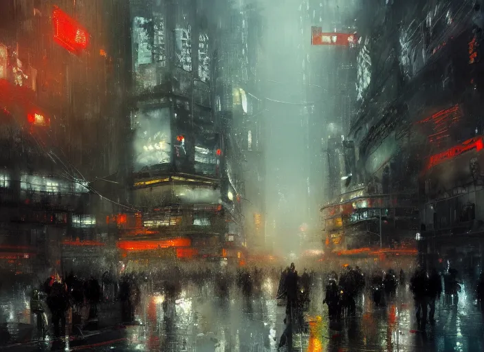 Image similar to neotokyo cityscape in winter painted by jeremy mann, street - level, dripping oil paint, thick brushstrokes, abstracted painterly techniques, high resolution, 8 k