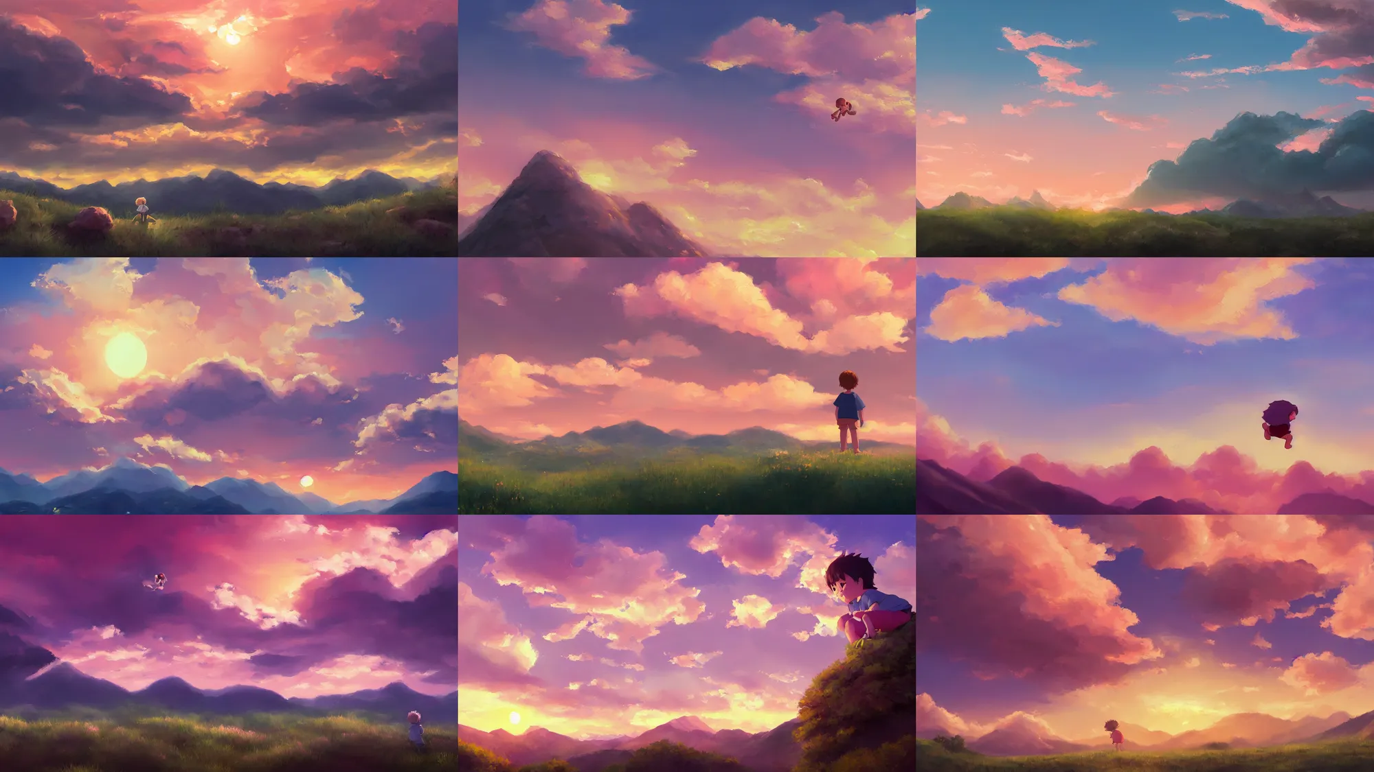 Prompt: oil painting, toddler baby boy floating in the sky, pink sunset, clouds, mountains, ghibli style, makoto shinkai, artstation