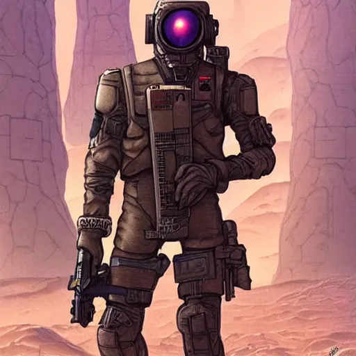 Image similar to a cyberpunk soldier with tactical gear and a rifle on mars, Industrial Scifi, detailed illustration, character portrait, by Martin Grip and Moebius