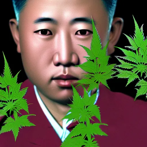 Image similar to araki nobuyoshi style photography of realistic detailed north korean kim chen with detailed face smelling detailed weed bush in detailed basement bedroom ultraviolet light