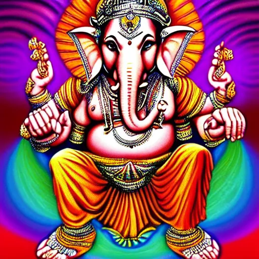 Image similar to hindu god ganesha, dmt trip, psychedelic, fractal patterns, centered, symmetrical, vivid colors, detailed