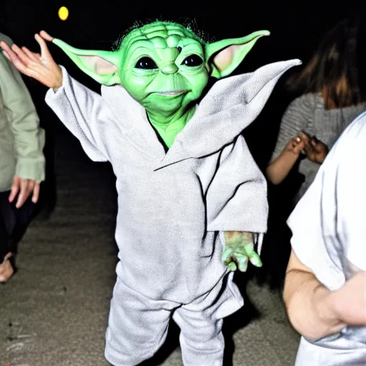 Image similar to baby yoda at the club at night dancing