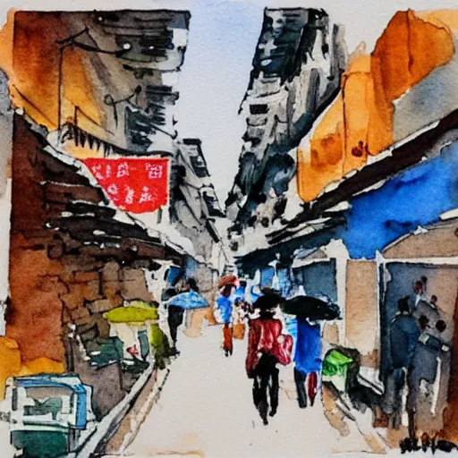 Prompt: street of hong kong, watercolor