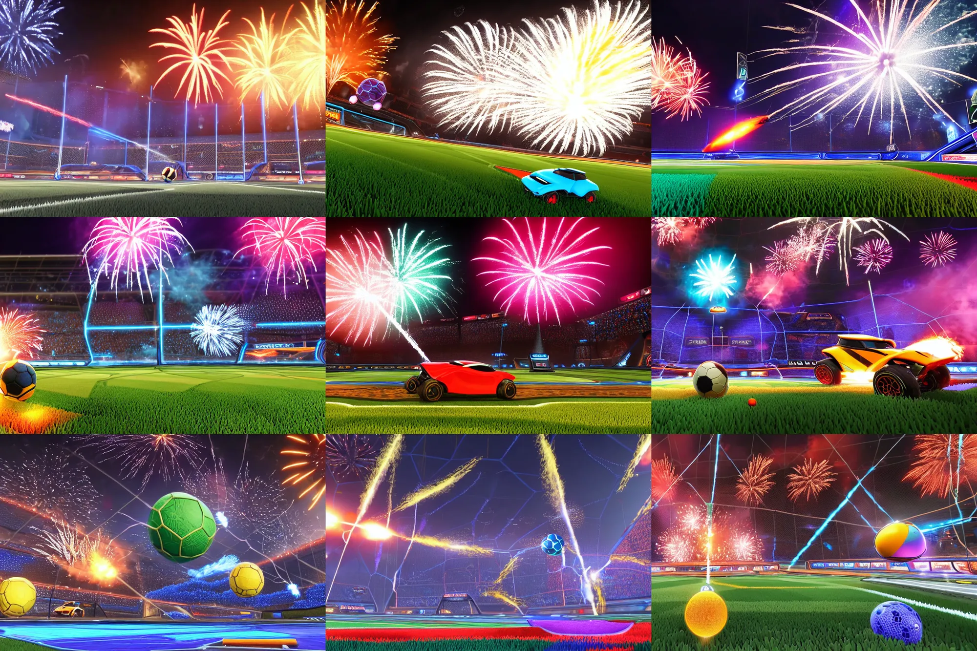 Prompt: rocket league explosion, ball bounce, epic angle, fireworks, 2 0 0 mm