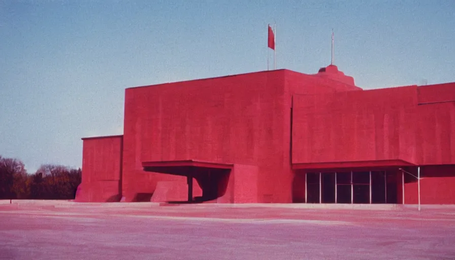 Prompt: 60s movie still of a sovietic stalinist style empty soviet congress with red wall, LOMOCHROME PURPLE FILM 100-400 35MM, liminal Space style, heavy grain