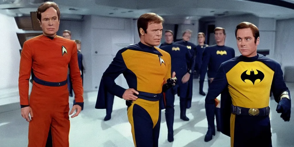 Image similar to ((Batman)) in Starfleet!!! uniform, in the role of Captain Kirk in a scene from Star Trek the original series