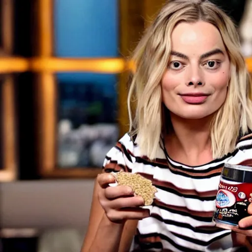 Image similar to margot robbie eating beans from a can