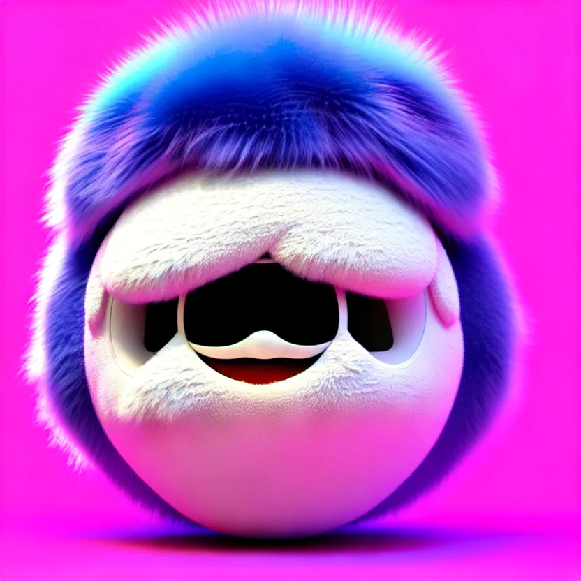 Image similar to high quality 3 d render hyperrealistic very cute big spherical creature, mustache, plush mascot, short spiky dense fluffy smooth hair, isometric 3 d, psychedelic lighting pink fluffy fur 1 cm long, 1 5 0 mm, smooth background, artstation, ultra detailed, elegant, ultra detailed, octane render