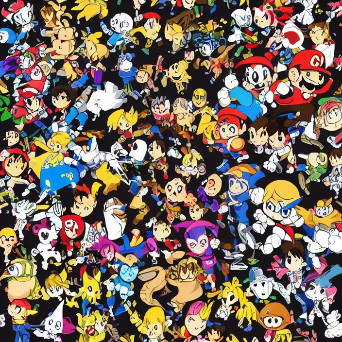 Prompt: Highly detailed vector pattern with Smash Bros characters, vector illustration, simple colors