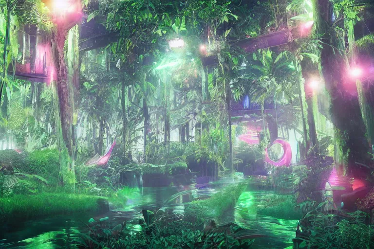 Prompt: neon rainforest, detailed render, hyperrealistic, cgsociety, artstation, 4k