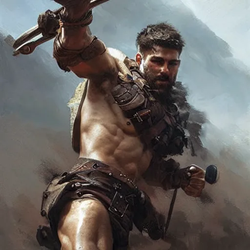 Image similar to Portrait of a rugged ranger marching toward the viewer, male, muscular, blue eyes!!!!, straight nose!!!, detailed face, exposed thighs!!!, fantasy, medieval, highly detailed, painting by greg rutkowski