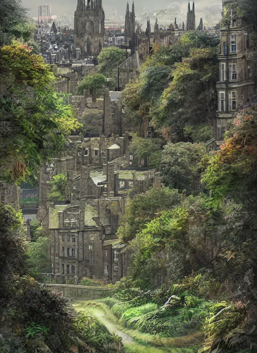 Prompt: a beautiful digital graphics design portrait of Edinburgh city. Edinburgh overgrown with plants, caledonian forest, matte painting, fantasy art, highly detailed