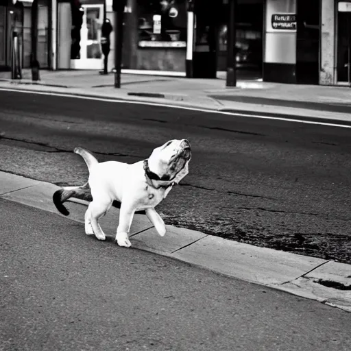Prompt: photo of catdog walking across the street, realism, photo-realism, hyper-realism, leica 35mm