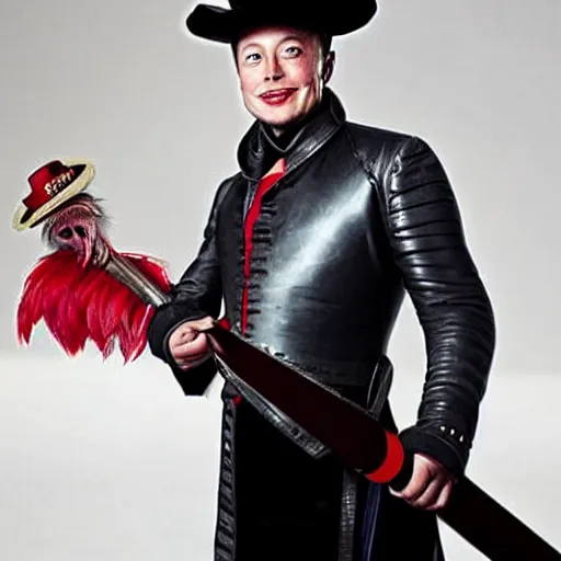 Image similar to photo of elon musk as a musketeer, he has a big black hat with a red feather, he is holding a shiny rapier sword and he is looking straight to the camera