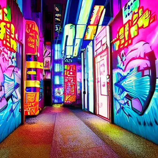 Prompt: !dream Street-art painting on the wall in neon Tokyo, photorealism