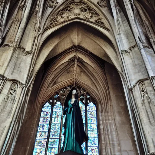 Image similar to architectural shot, no decaying lines, alabaster gothic cathedral, gothic emerald female statue, intricate arabesque detailed silk dressed, macro head face