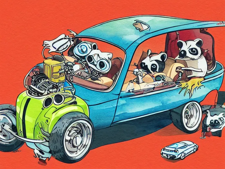 Image similar to cute and funny, racoon riding in a tiny hot rod coupe with oversized engine, ratfink style by ed roth, centered award winning watercolor pen illustration, isometric illustration by chihiro iwasaki, edited by range murata