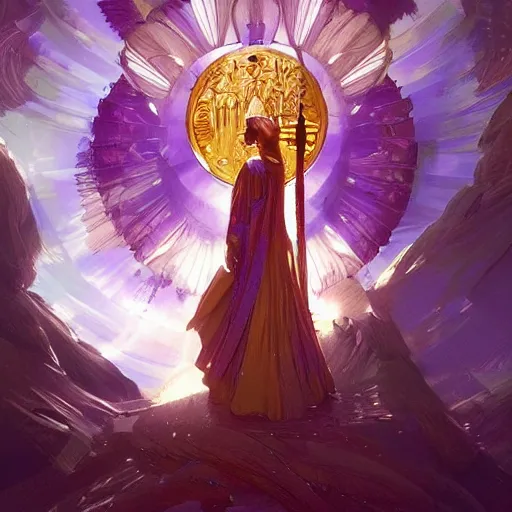 Prompt: a golden high-tech shield with a sacred tree, golden light, purple water, highly detailed, digital painting, artstation, concept art, smooth, sharp focus, illustration, art by artgerm and greg rutkowski and alphonse mucha