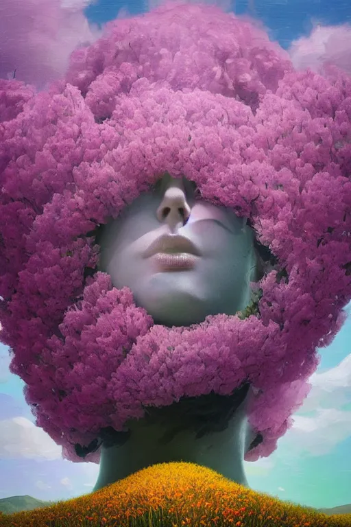 Prompt: closeup, giant flowers as head mohawk, woman in a heather field, surreal photography, starlight, storm clouds, impressionist painting, digital painting, artstation, simon stalenhag