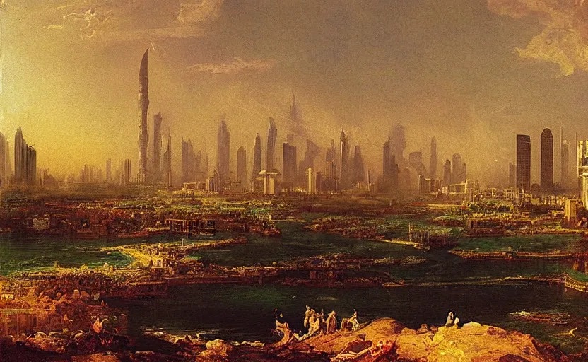 Prompt: “ the fall of dubai, in the style of thomas cole ”