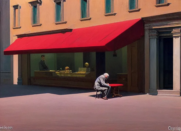 Image similar to aslouchy elegant old man with stands at citroen ds 1 9 in grim rome, highly detailed, soft lighting, elegant, by edward hopper and james gilleard, zdzislaw beksinski, steven outram, highly detailed