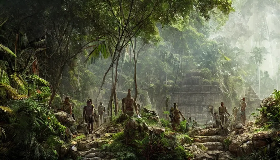 Prompt: Walker discovering the entrance of an ancient Mayan city in the jungle, hyperdetailed, artstation, cgsociety, 8k
