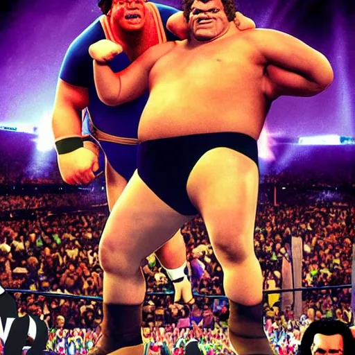 Image similar to WWE poster for the shrek vs andre the giant fight at wrestlemania 8, dramatic lighting, 8k amazing photograph,