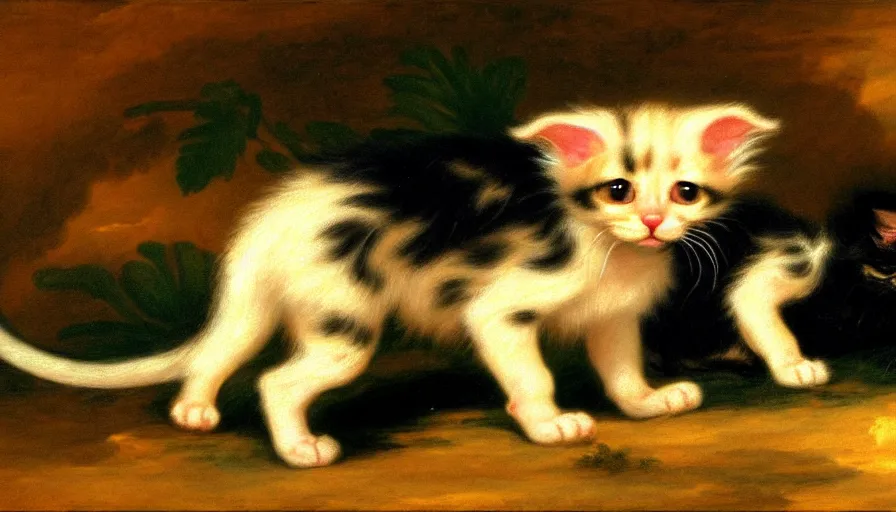 Image similar to a tropical dog kitten in the style of francisco goya, 4 k resolution, tropical background, tropical