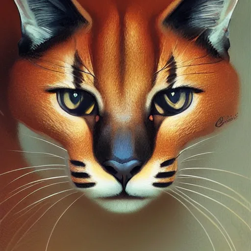 Image similar to portrait of caracal cat. elegant, highly detailed, digital painting, artstation, concept art, smooth, sharp focus, illustration, art by artgerm and greg rutkowski and alphonse mucha