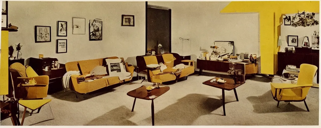 Prompt: 1 9 6 0 s pictoresque living room, retro, vintage, brown, beige, yellow, old photograph, warm, cosy, nostalgic