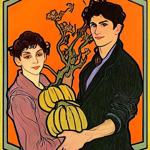 Prompt: painting of handsome young delicate beautiful jeffrey in his 2 0 s with brown hair and gorgeous rina together at the jack o'lantern halloween party holding pumpkins, elegant, clear, painting, stylized, art, art by alphonse mucha, vincent van gogh, egon schiele,