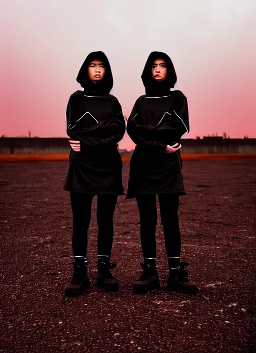 Prompt: cinestill 5 0 d photograph of 2 women wearing black techwear in front of a brutalist sharp - edged metal building, closeup, on a desolate plain with a red sky, dystopia, cyberpunk, 4 k, 8 k, hd, full color