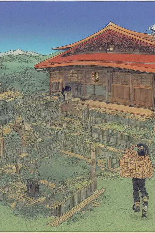 Image similar to beautiful illustration of a rural japanese home, by moebius, masamune shirow and katsuhiro otomo