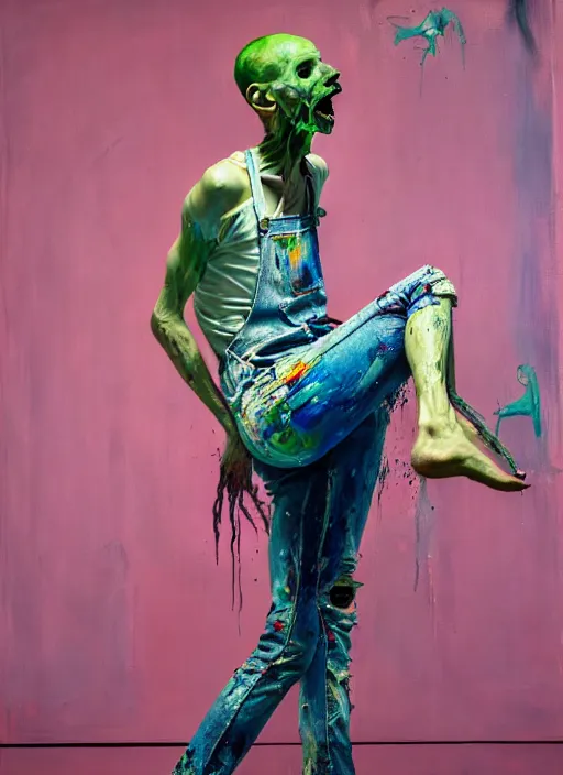 Image similar to an insane, skinny, artist wearing dirty, torn overalls, expressive painting the walls inside a grand messy studio, depth of field, hauntingly surreal, highly detailed painting by francis bacon, edward hopper, adrian ghenie, glenn brown, soft light 4 k in pink, green and blue colour palette, cinematic composition,