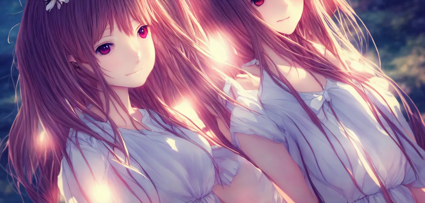 Image similar to portrait two beautiful anime girls wear coctail dress closeup | | sunny night, full moon, dreamlike art, realistic shaded, smile, good looking, hyper details, 4 k realistic, cryengine, realistic shaded lighting poster by artgerm, ross tran, fuji choko, 8 k resolution, trending on artstation, luxury