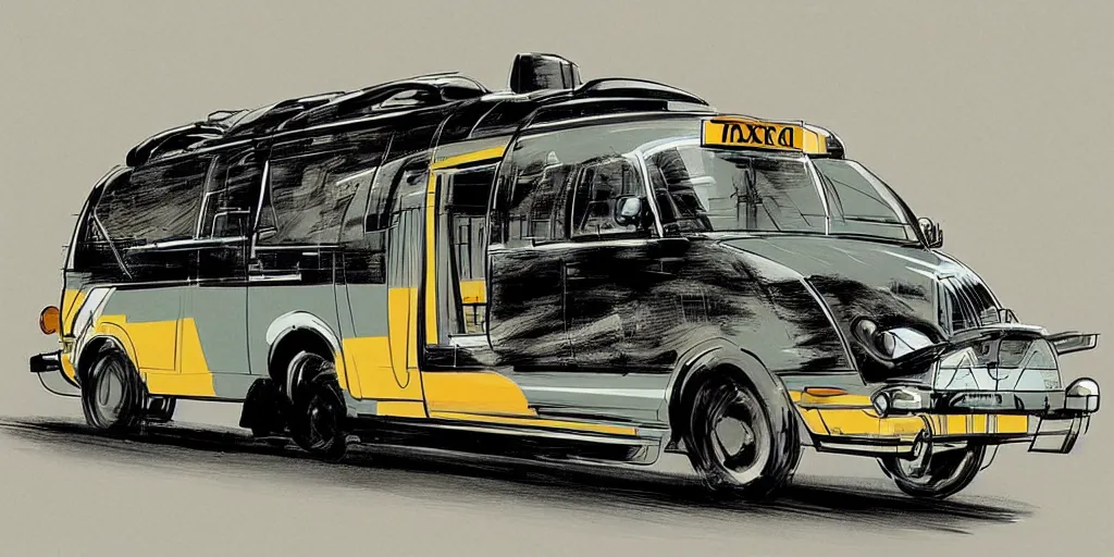 Image similar to concept art design for modernized African taxi bus, Syd Mead style,