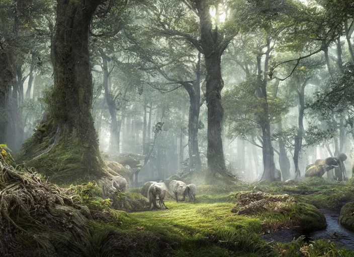 Prompt: hyperrealism, detailed textures, photorealistic, 3 d render, a surreal mystical forest with a bright winding creek with a herd of wooly mammoths grazing, ultra realistic cinematic, intricate, cinematic light, concept art, illustration, art station, unreal engine