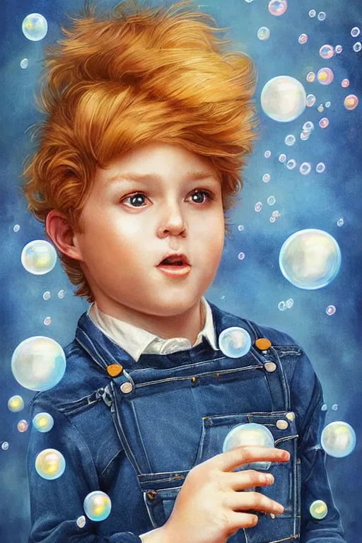 Image similar to a little boy with ginger hair wearing denim overalls chasing bubbles. clean elegant painting, beautiful detailed face, lots of bubbles. by artgerm and greg rutkowski and norman rockwell