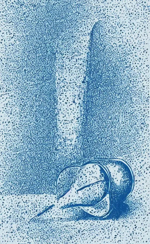 Prompt: still life of a lava lamp on a table, stipple art, in shades of blue and white, minimalist, grainy, high - contrast