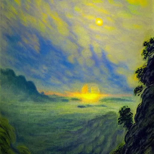 Prompt: a beautiful painting about a futuristic military landing in a misty rainforest, surrounded by mountains and clouds. Trending on Artstation. modern atlantic prism quetzal cabinet urn lemon, by Claude Monet and Paul