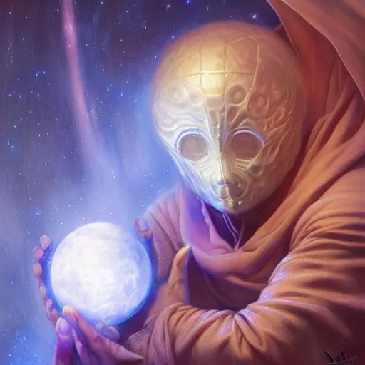 Image similar to creator of worlds wearing a cloak, masked, and holding a holographic planet projection in his hand, detailed, sci - fi, digital painting, artstation, sharp focus, illustration, ominous, artgerm, tomasz alen kopera, peter mohrbacher, donato giancola, joseph christian leyendecker, wlop, frank frazetta