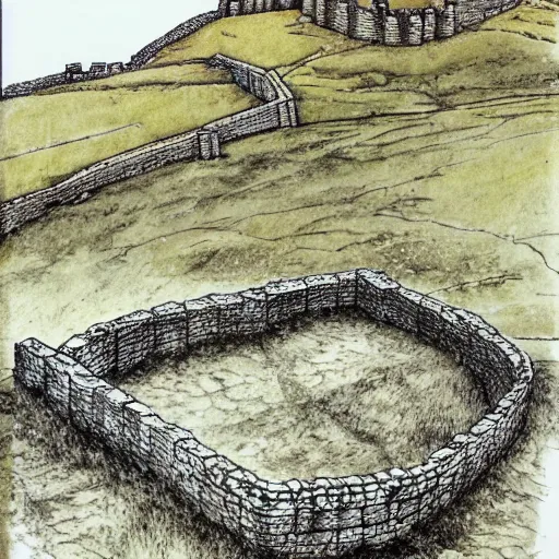 Image similar to pen illustration of hadrian's wall