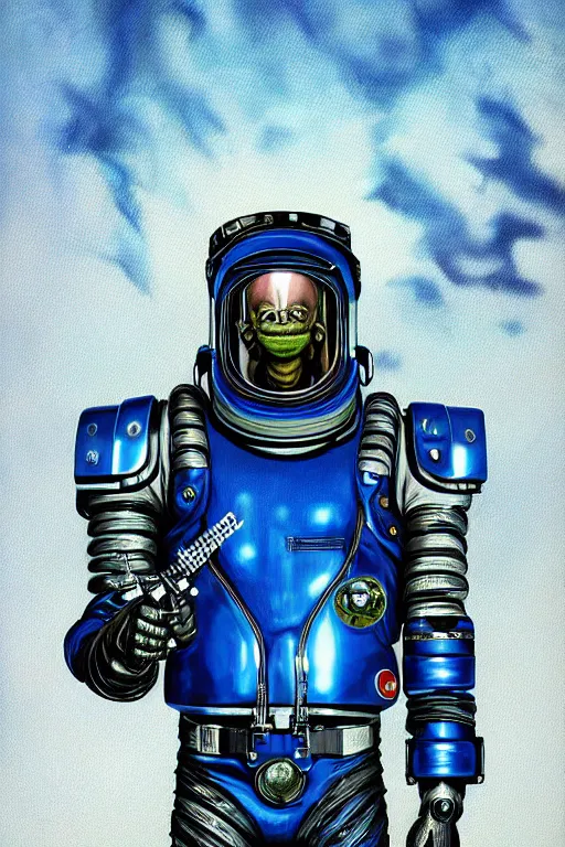 Prompt: a portrait of a muscular anthropomorphic cyberpunk blue iguana space mechanic in spacesuit armor with ensignia on chest plate by sandra chevrier, by jon foster, detailed render, pistol in holster, tape deck, epic composition, cybernetics, 4 k realistic, cryengine, realistic shaded lighting, sharp focus, masterpiece, by enki bilal