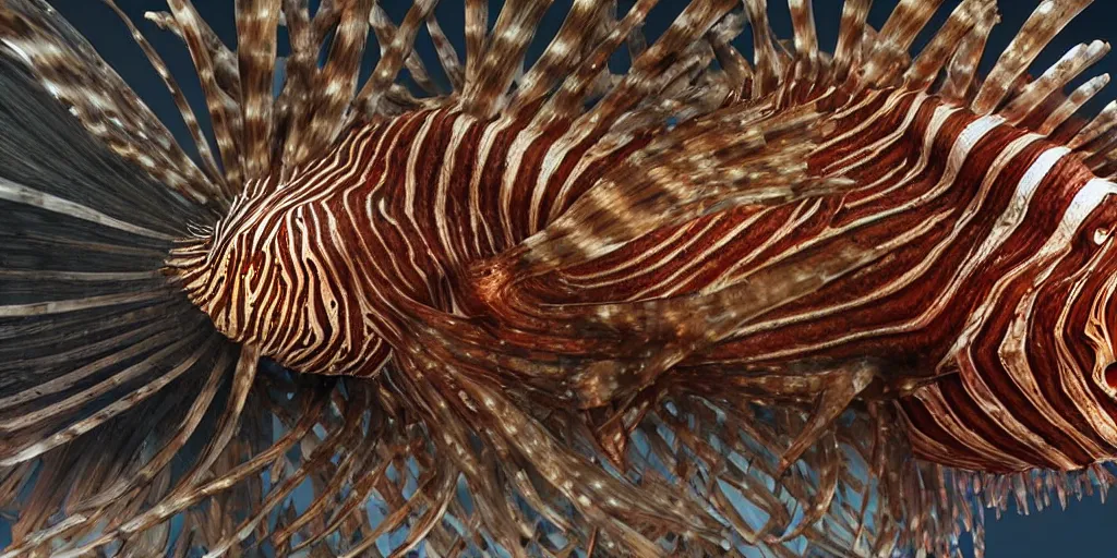 Image similar to lionfish, stylized layered textures, long flowing fins, bioluminescent orbs, 3 d render, substance painter, glowing eye, smooth, sharp focus, art by h r giger