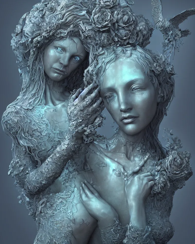 Image similar to a holographic portrait of a gorgeous etherial female gothic cemetery statue breaking apart by Andrew Ferez, metaphysical painting, cosmic horror, octane render, trending on cgsociety, featured on zbrush central, grotesque, digital painting, vanitas, new sculpture, mystical