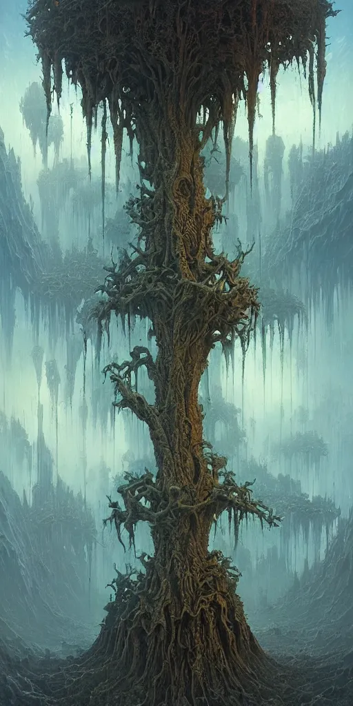 Image similar to landscape, alien tree of life, cyberpunk, sci fi, horror, monstrous, highly detailed, complex, intricate, matte painting, cinematic, by rhads and mohrbacher and zdzislaw beksinski,